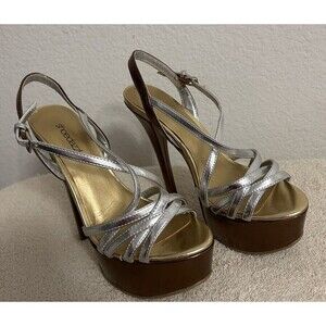 Shoedazzle Breanna 6.5 Silver Copper Strappy Platform Open Toe Stiletto‎ Heels